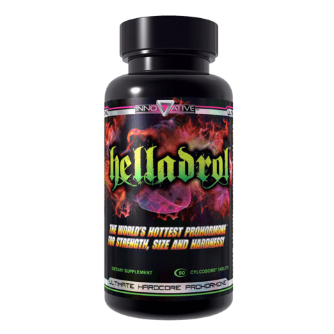Helladrol dietary supplement bottle by Innovative Laboratories, labeled as the world's hottest prohormone for strength, size, and hardness