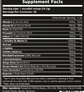 Supplement facts label for Swole AF Escobar Pre-Workout, listing ingredients such as L-Citrulline DL-Malate, L-Arginine, Caffeine Anhydrous, and Bioperine with 25 servings per container.