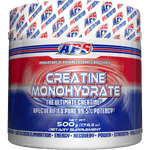 A container of APS Creatine Monohydrate with red, white, and blue branding.