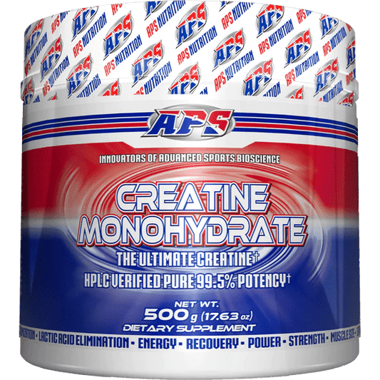 A container of APS Creatine Monohydrate with red, white, and blue branding.