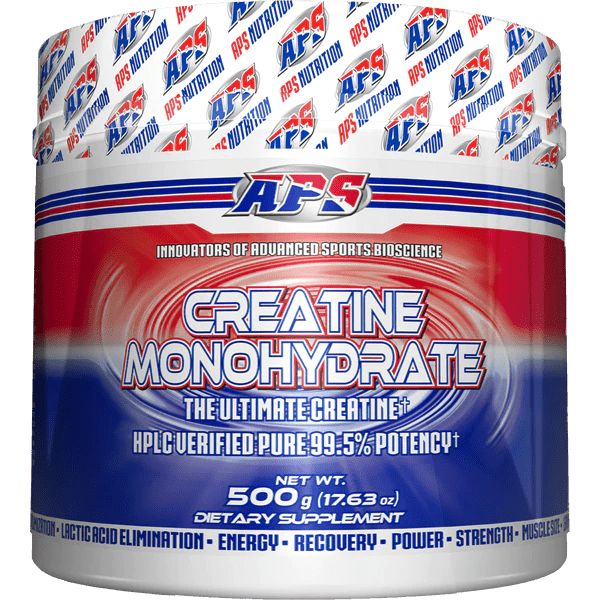 A container of APS Creatine Monohydrate with red, white, and blue branding.