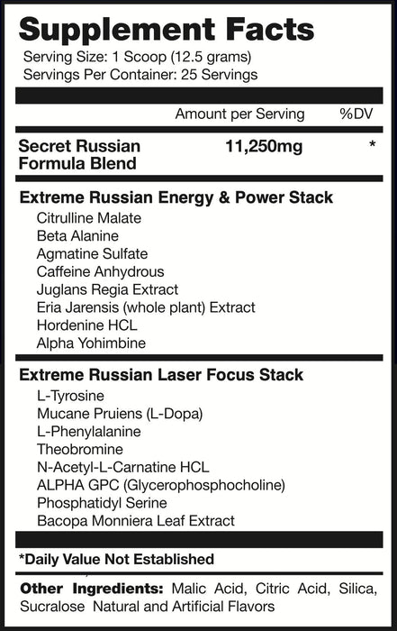 Supplement facts label for Badass Labz The Power Russian Pre-Workout, detailing the Extreme Russian Energy & Power Stack and Extreme Russian Laser Focus Stack ingredients.