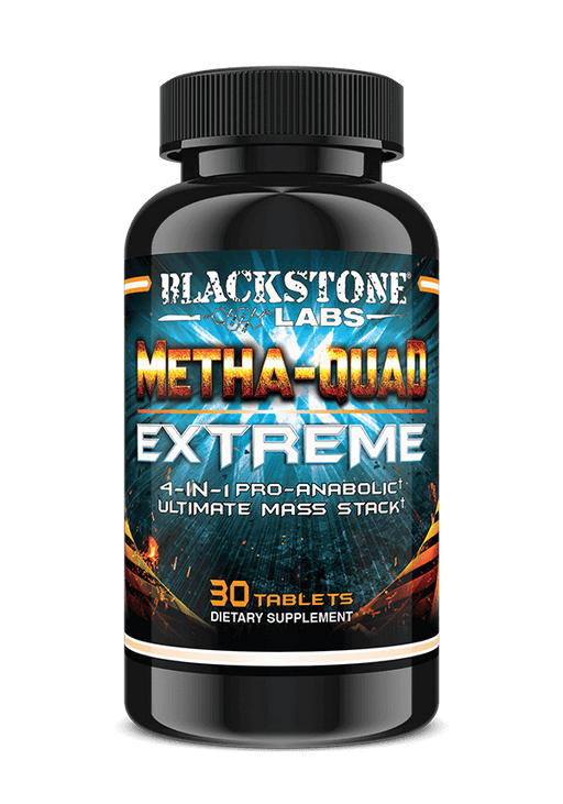 Black bottle with multi-colored label of Blackstone Labs: Metha-Quad Extreme | 4 Prohormone Stack - Supplement Shop.