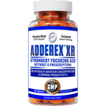 Hi-Tech Pharmaceuticals Adderex XR bottle containing 30 tablets, labeled as the strongest focusing aid without a prescription. The label highlights its benefits, including mood elevation, CNS stimulation, and sustained release technology to help adults maintain concentration and improve productivity.