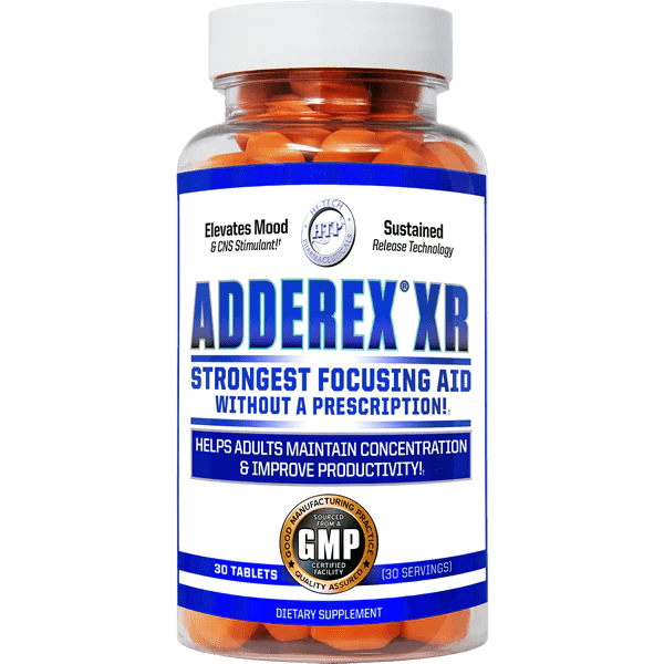 Hi-Tech Pharmaceuticals Adderex XR bottle containing 30 tablets, labeled as the strongest focusing aid without a prescription. The label highlights its benefits, including mood elevation, CNS stimulation, and sustained release technology to help adults maintain concentration and improve productivity.