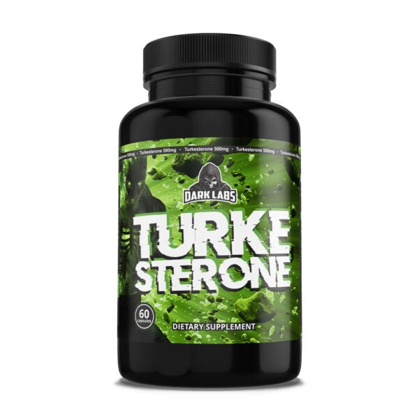 A bottle of Dark Labs Turkesterone dietary supplement with a green splattered label design.