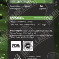 Label close-up of Dark Labs Turkesterone supplement with ingredients and FDA, GMP logos.