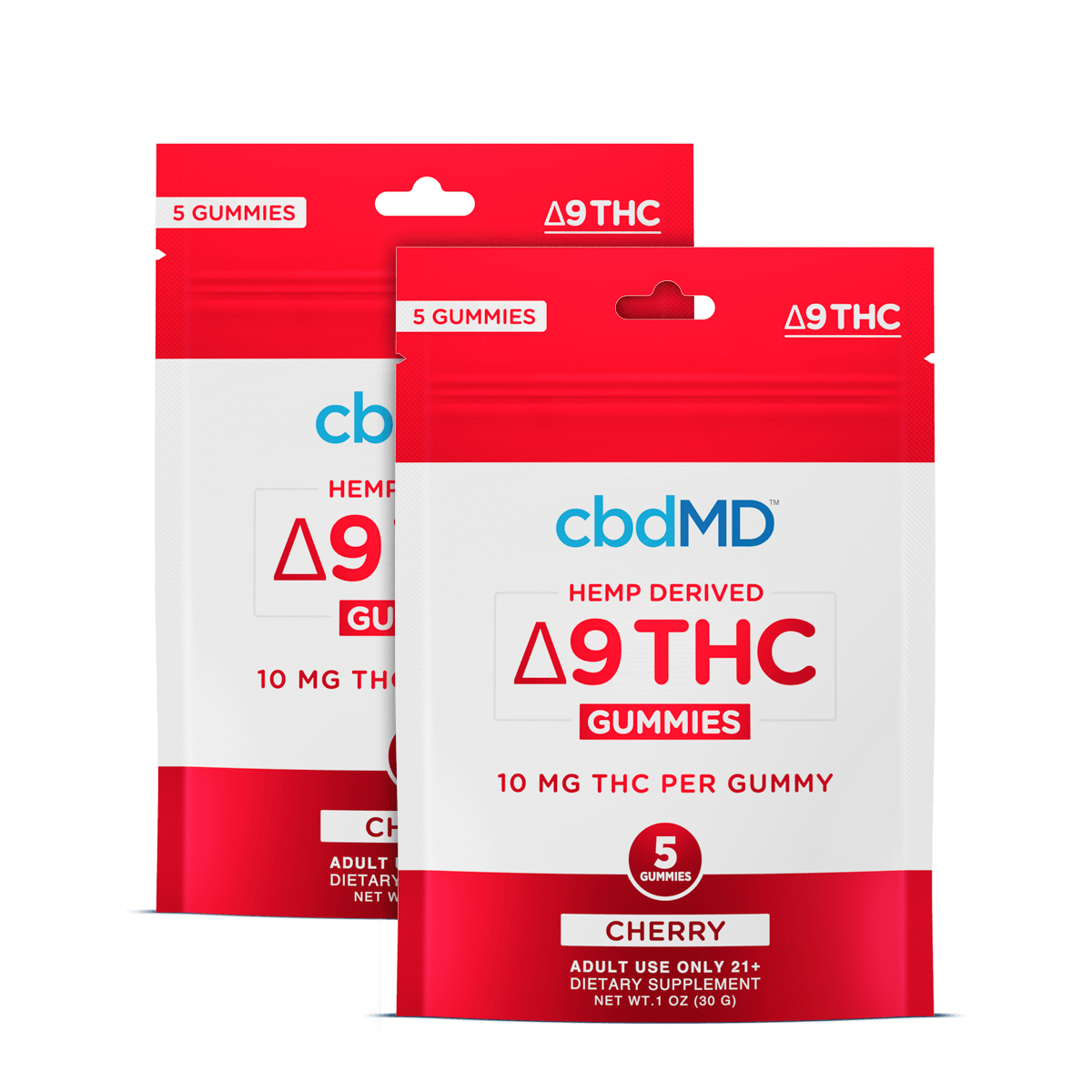 5 count sachet of cherry flavored cbdmd delta 9 gummies
