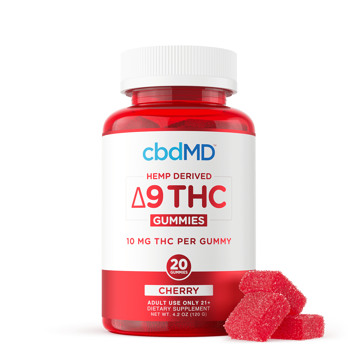 Red Bottle of cbdMD delta 9 THC gummies