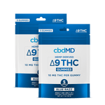 5 count sachet of blue razz flavored cbdmd delta 9 gummies