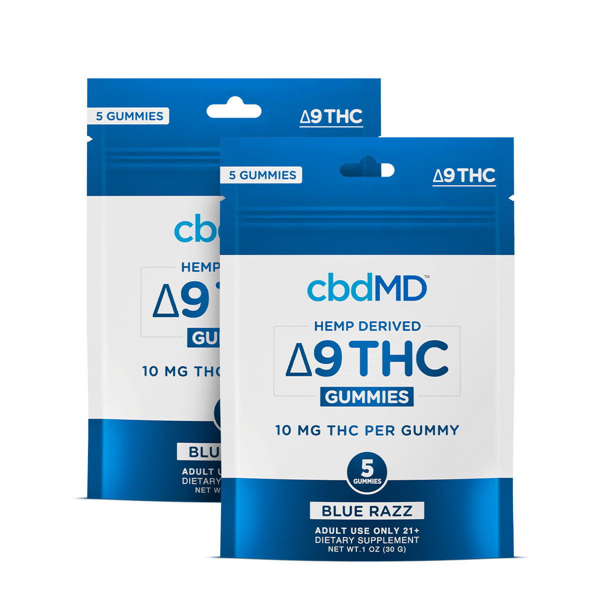 5 count sachet of blue razz flavored cbdmd delta 9 gummies