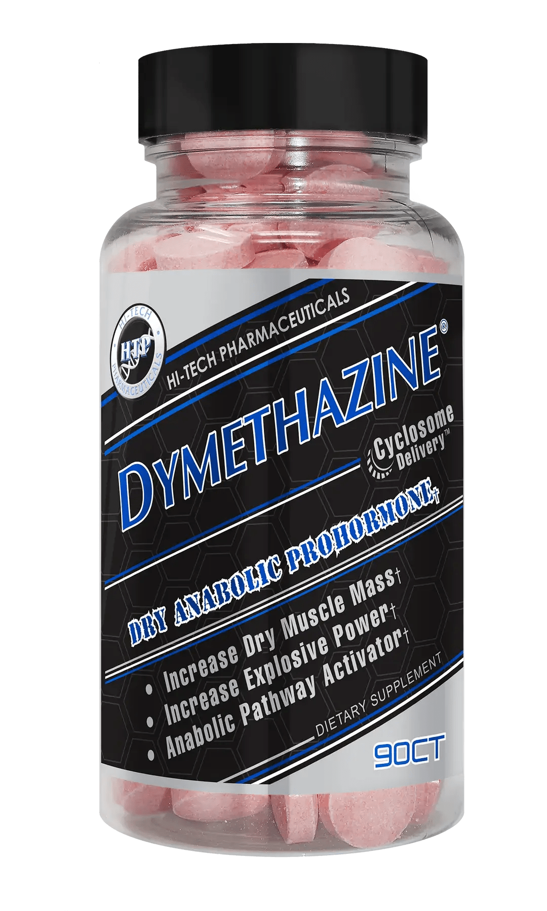 Dymethazine dietary supplement bottle by Hi-Tech Pharmaceuticals, labeled as a dry anabolic prohormone with benefits including increased dry muscle mass, explosive power, and anabolic pathway activation