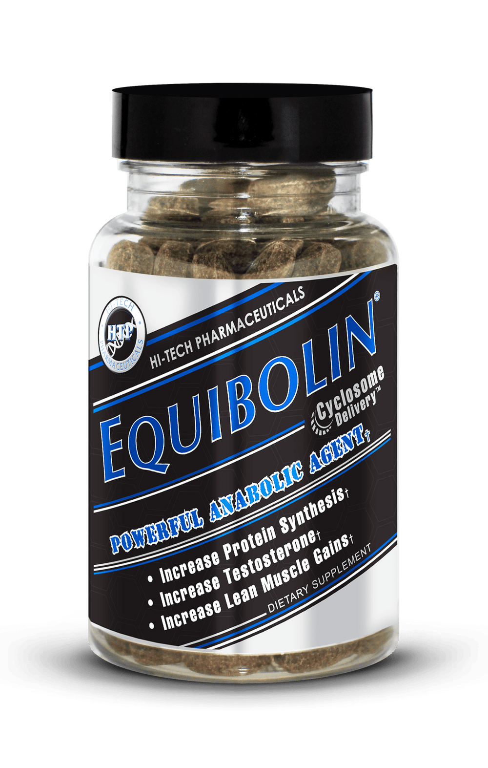 Equibolin dietary supplement bottle by Hi-Tech Pharmaceuticals, labeled as a powerful anabolic agent with benefits like increased protein synthesis, testosterone, and lean muscle gains