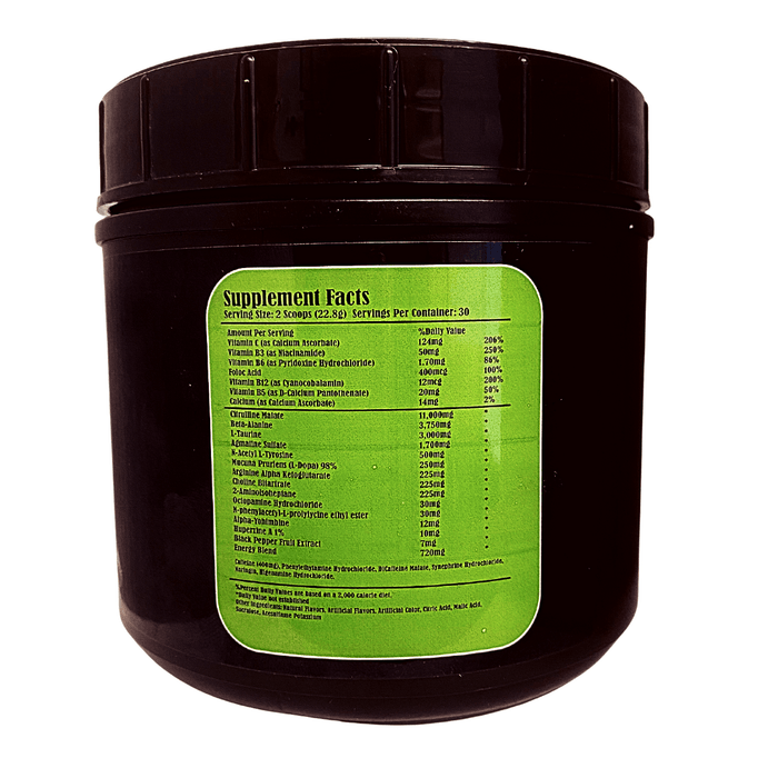 Supplement facts label for Fck Normal Labs Apocalypse Pre-Workout supplement, displaying nutritional information on a green background with black container.