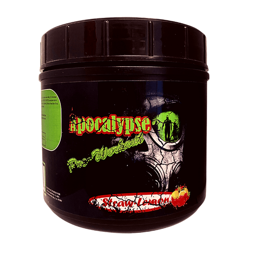 Fck Normal Labs Apocalypse Pre-Workout supplement in a black container with a green and red zombie-themed design, featuring Straw Lemon flavor.