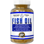 Hi Tech Pharmaceuticals Fish Oil clear bottle with yellow gel caps and white and blue label