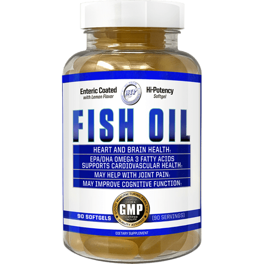 Hi Tech Pharmaceuticals Fish Oil clear bottle with yellow gel caps and white and blue label