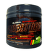 A jar of Global Supremacy Firestorm hardcore pre-workout supplement in sour apple flavor with performance-enhancing claims