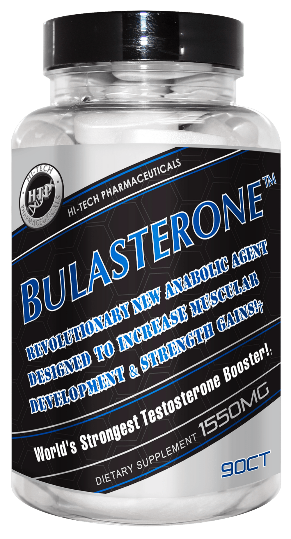 Hi-Tech Pharmaceuticals Bulasterone bottle containing 90 tablets, labeled as a revolutionary anabolic agent designed to increase muscular development and strength gains, advertised as the world's strongest testosterone booster with 1550mg per serving.