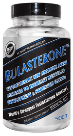 Hi-Tech Pharmaceuticals Bulasterone bottle containing 90 tablets, labeled as a revolutionary anabolic agent designed to increase muscular development and strength gains, advertised as the world's strongest testosterone booster with 1550mg per serving.