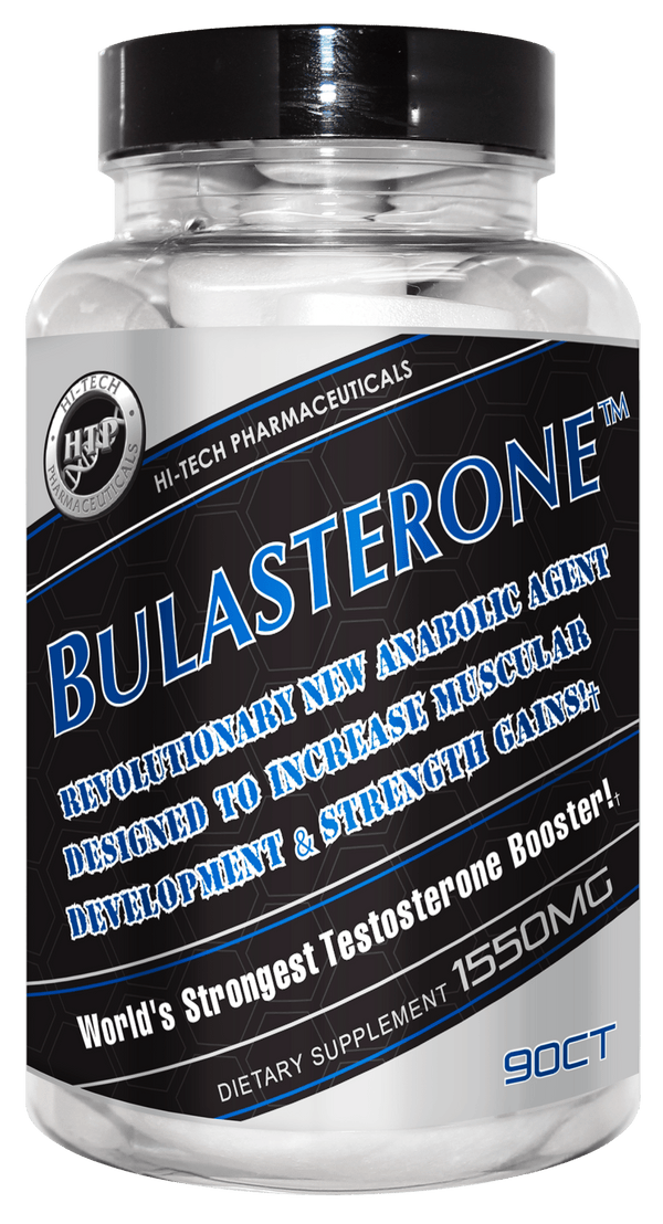 Hi-Tech Pharmaceuticals Bulasterone bottle containing 90 tablets, labeled as a revolutionary anabolic agent designed to increase muscular development and strength gains, advertised as the world's strongest testosterone booster with 1550mg per serving.