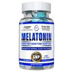 A bottle of Hi Tech Pharma Melatonin dietary supplement with 60 tablets, featuring blue and white labeling.