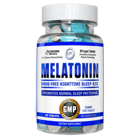 A bottle of Hi Tech Pharma Melatonin dietary supplement with 60 tablets, featuring blue and white labeling.