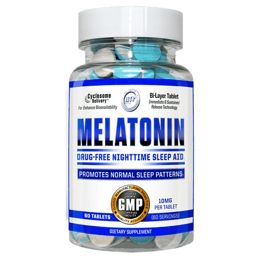 A bottle of Hi Tech Pharma Melatonin dietary supplement with 60 tablets, featuring blue and white labeling.