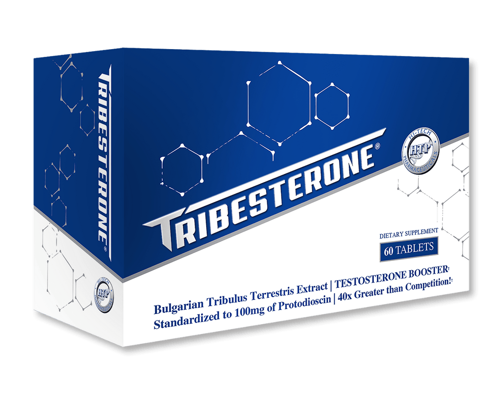 Tribesterone dietary supplement box by Hi-Tech Pharmaceuticals, featuring Bulgarian Tribulus Terrestris Extract as a testosterone booster standardized to 100mg of protodioscin