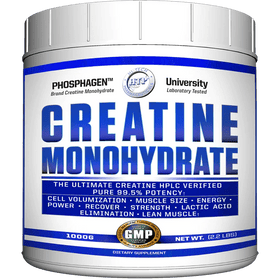A container of Hi-Tech Pharmaceuticals Creatine Monohydrate with blue and white labeling, indicating 1000g of product.