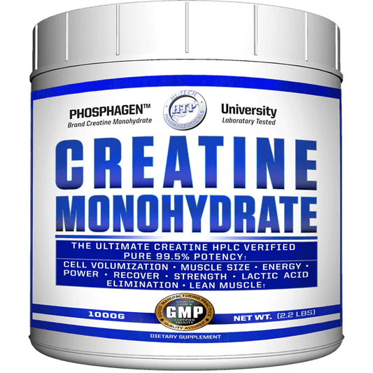 A container of Hi-Tech Pharmaceuticals Creatine Monohydrate with blue and white labeling, indicating 1000g of product.