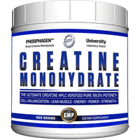 A container of Hi-Tech Pharmaceuticals Creatine Monohydrate with blue and white labeling, indicating 99.5% purity, 400g weight, and various product benefits.