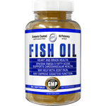 Hi Tech Pharmaceuticals Fish Oil clear bottle with yellow gel caps and white and blue label