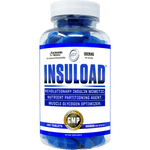 Hi-Tech Pharmaceuticals Insuload dietary supplement in a clear bottle with blue capsules, labeled as a revolutionary insulin mimetic and muscle glycogen optimizer with 993mg per serving.
