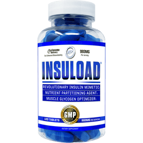 Hi-Tech Pharmaceuticals Insuload dietary supplement in a clear bottle with blue capsules, labeled as a revolutionary insulin mimetic and muscle glycogen optimizer with 993mg per serving.
