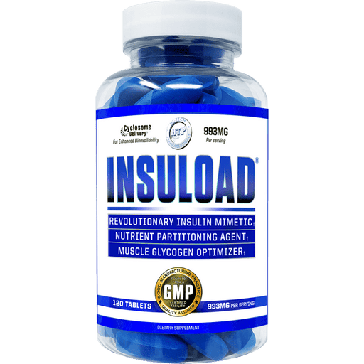 Hi-Tech Pharmaceuticals Insuload dietary supplement in a clear bottle with blue capsules, labeled as a revolutionary insulin mimetic and muscle glycogen optimizer with 993mg per serving.