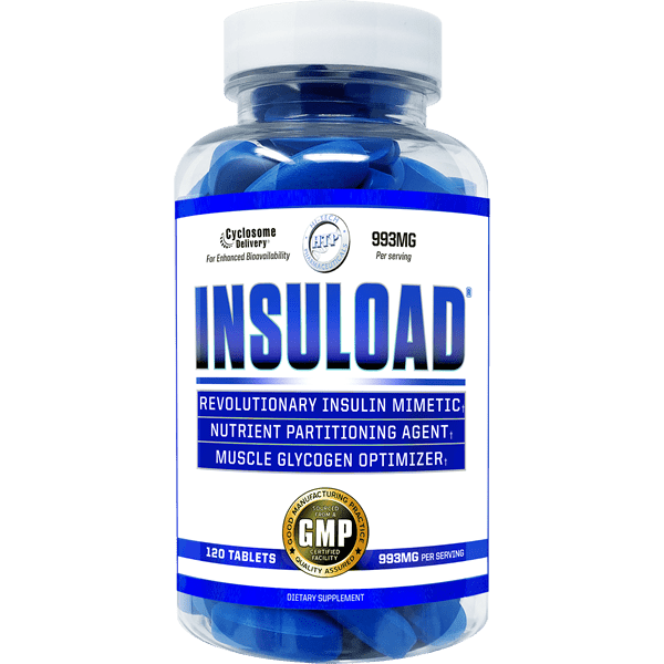 Hi-Tech Pharmaceuticals Insuload dietary supplement in a clear bottle with blue capsules, labeled as a revolutionary insulin mimetic and muscle glycogen optimizer with 993mg per serving.