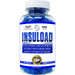 Hi-Tech Pharmaceuticals Insuload dietary supplement in a clear bottle with blue capsules, labeled as a revolutionary insulin mimetic and muscle glycogen optimizer with 993mg per serving.