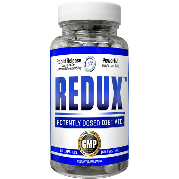 Hi-Tech Pharmaceuticals Redux potent diet aid supplement in a clear bottle with white capsules, labeled for rapid release and powerful weight loss with 60 servings.