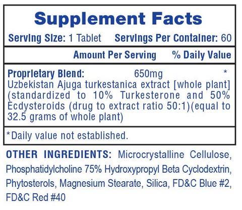 Supplement facts label for Hi-Tech Pharmaceuticals Turkesterone 650, detailing the proprietary blend of Uzbekistan Ajuga turkestanica extract and other ingredients.