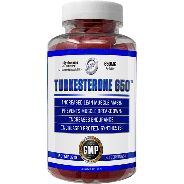 Hi-Tech Pharmaceuticals Turkesterone 650 supplement in a clear bottle with red tablets, labeled for increased lean muscle mass, endurance, and protein synthesis with 60 tablets per bottle.