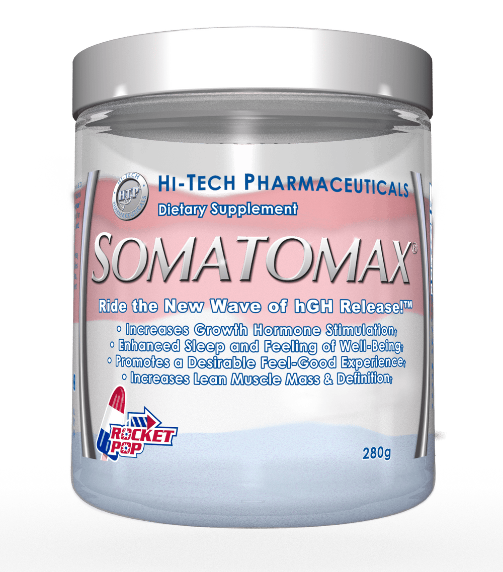 Somatomax dietary supplement by Hi-Tech Pharmaceuticals, featuring Rocket Pop flavor with benefits including increased growth hormone stimulation, enhanced sleep, well-being, and lean muscle mass definition