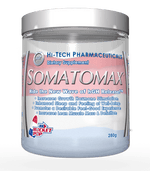 Somatomax dietary supplement by Hi-Tech Pharmaceuticals, featuring Rocket Pop flavor with benefits including increased growth hormone stimulation, enhanced sleep, well-being, and lean muscle mass definition