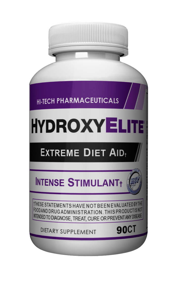 HydroxyElite dietary supplement by Hi-Tech Pharmaceuticals, labeled as an extreme diet aid and intense stimulant with 90 capsules