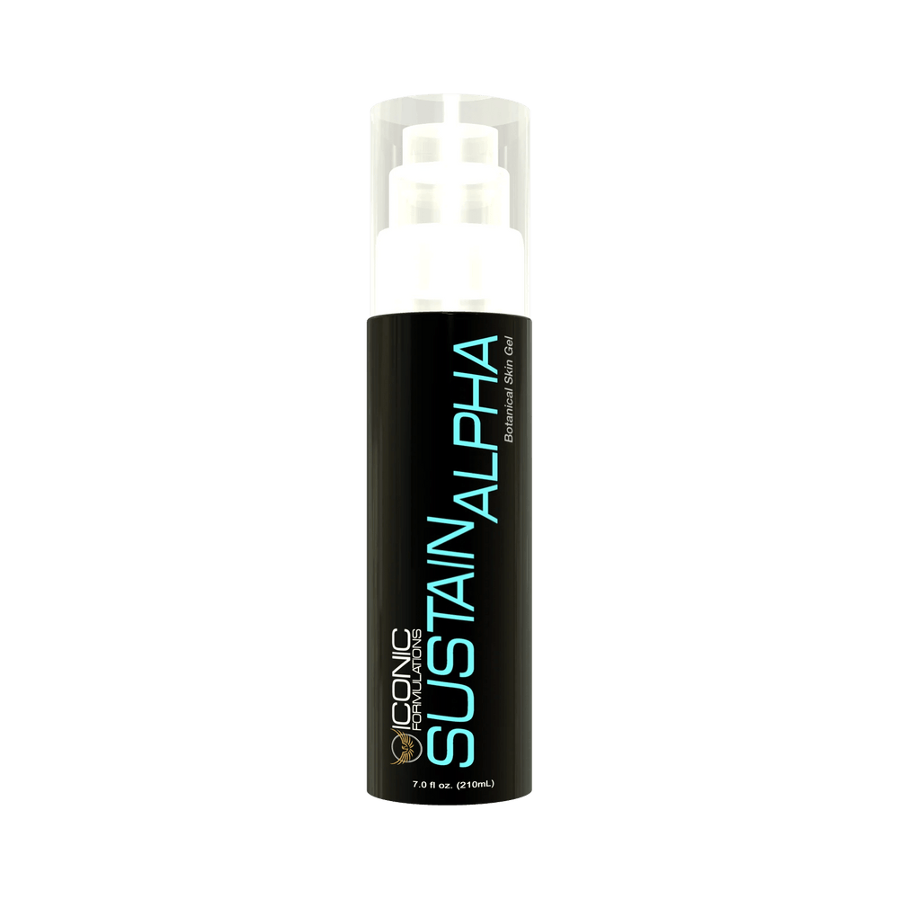 Iconic Formulations Sustain Alpha product bottle featuring a sleek black design with bold blue lettering. The label reads 'Sustain Alpha, Botanical Skin Gel' and 'Iconic Formulations' with a gold icon logo. The bottle size is 7.0 fl oz (210 mL).