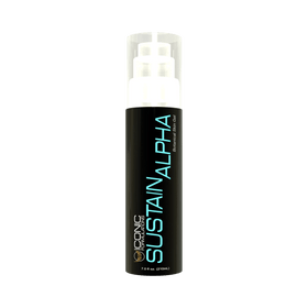 Iconic Formulations Sustain Alpha product bottle featuring a sleek black design with bold blue lettering. The label reads 'Sustain Alpha, Botanical Skin Gel' and 'Iconic Formulations' with a gold icon logo. The bottle size is 7.0 fl oz (210 mL).