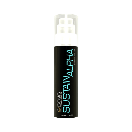 Iconic Formulations Sustain Alpha product bottle featuring a sleek black design with bold blue lettering. The label reads 'Sustain Alpha, Botanical Skin Gel' and 'Iconic Formulations' with a gold icon logo. The bottle size is 7.0 fl oz (210 mL).