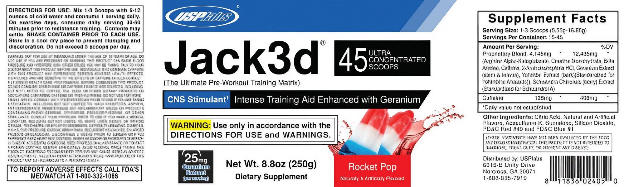 Nutritional information label on Jack3d pre-workout 45 servings package