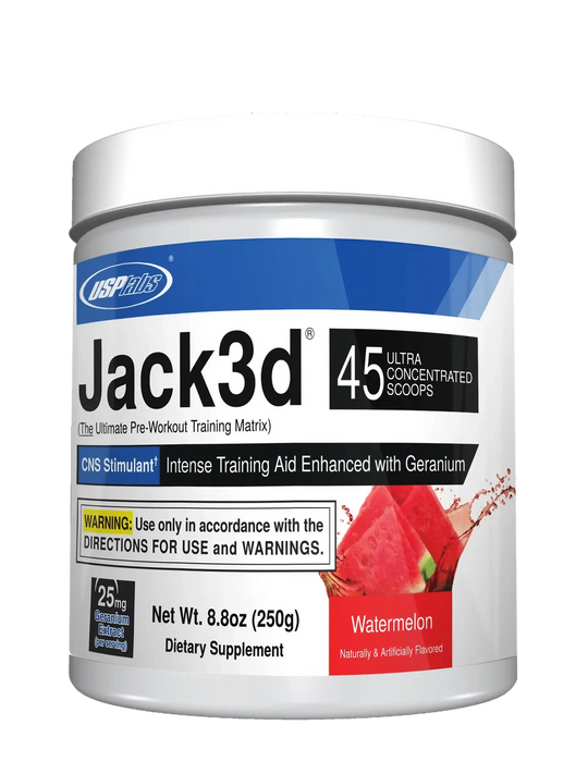 Watermelon flavored Jack3d pre-workout powder, 45g per serving