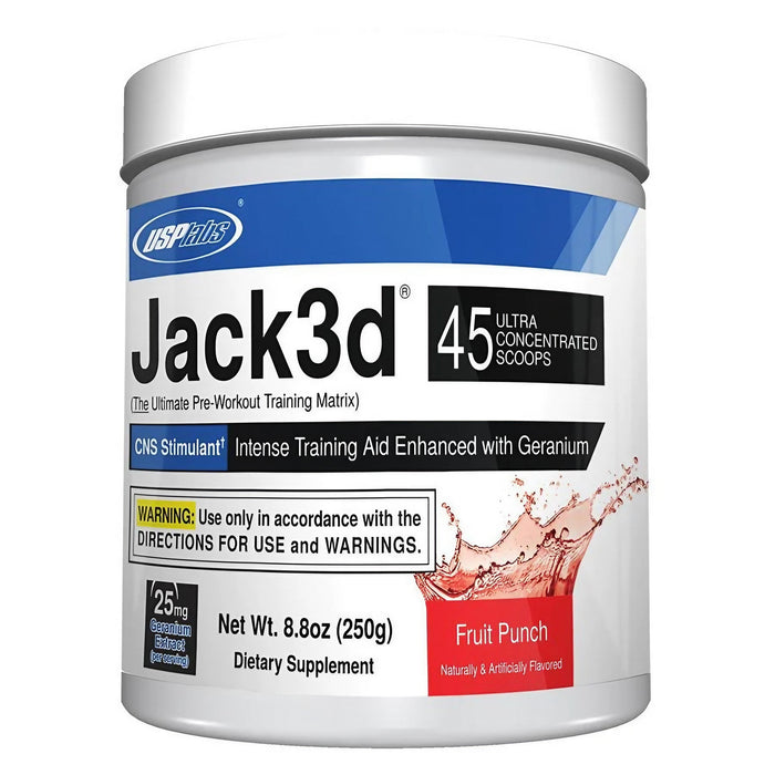 Container of Jack3d pre-workout powder with 45 servings indication